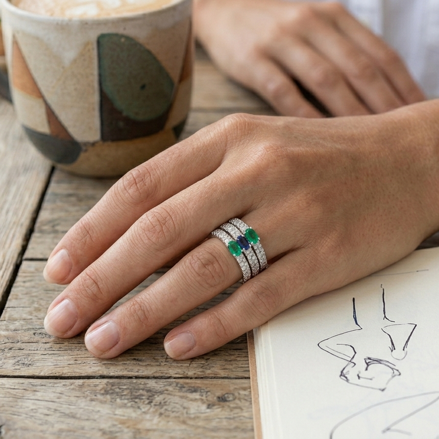 Oval Emerald Pavé Diamond Ring, lifestyle view 1 | JJ Jewelry