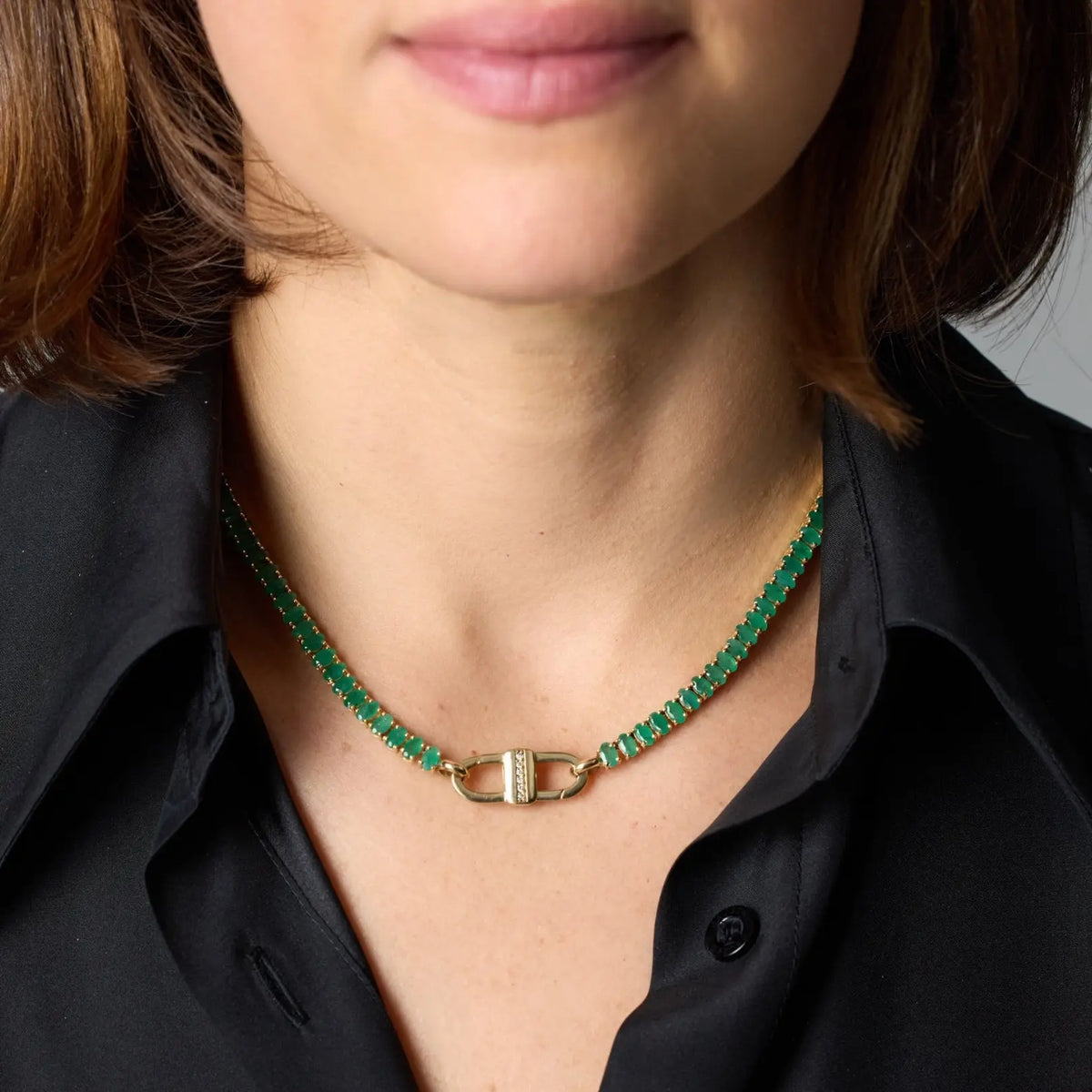 Oval Emerald Tennis Necklace in Yellow Gold JJ Jewelry