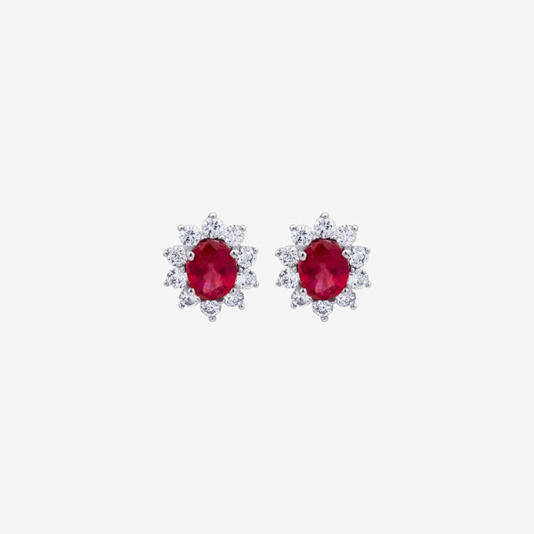 Oval Gemstone and Diamond Halo Stud Earrings in 18K White Gold with Garnet, gray background | JJ Jewelry Miami