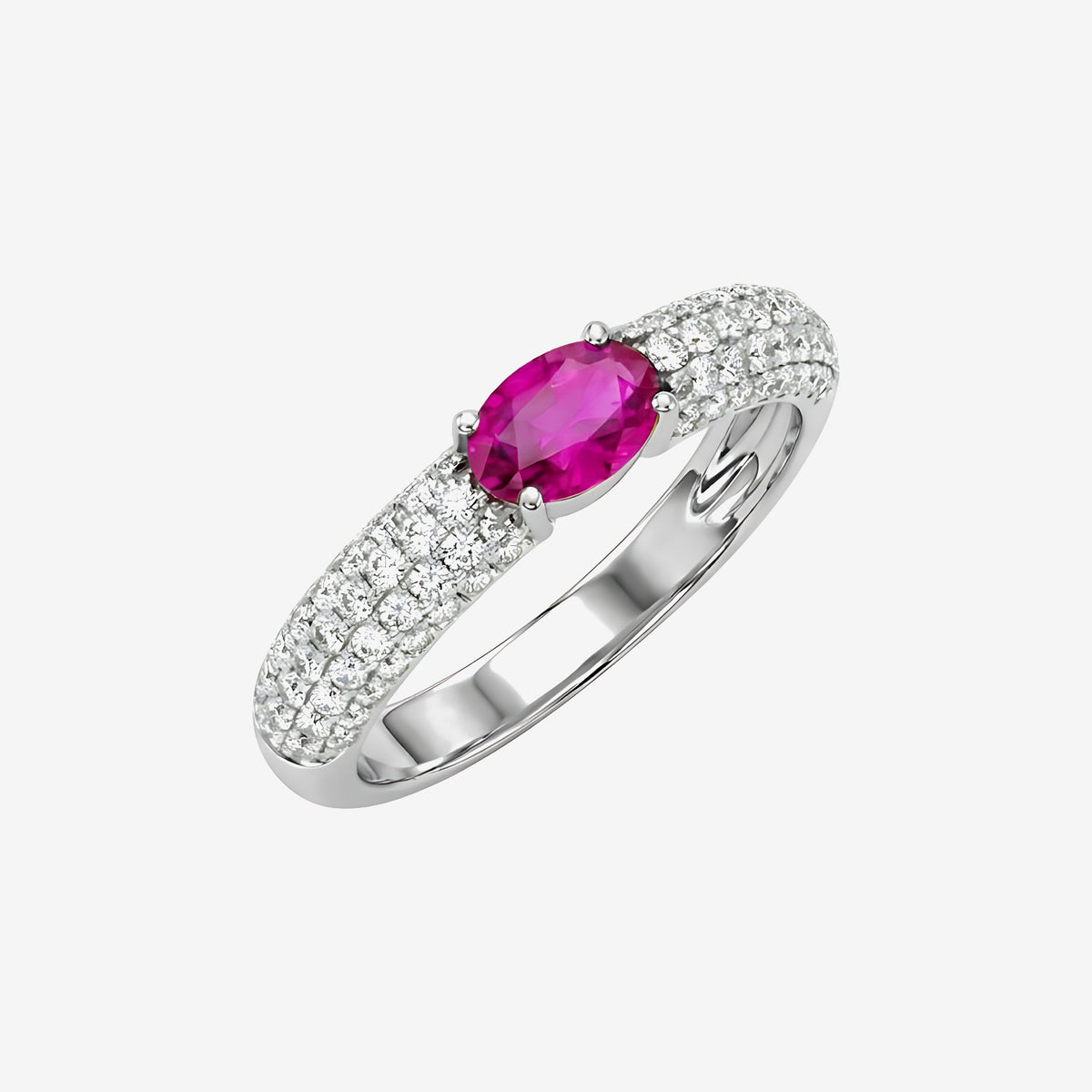 Oval Ruby and Diamond Bold Ring in 18K White Gold | JJ Jewelry