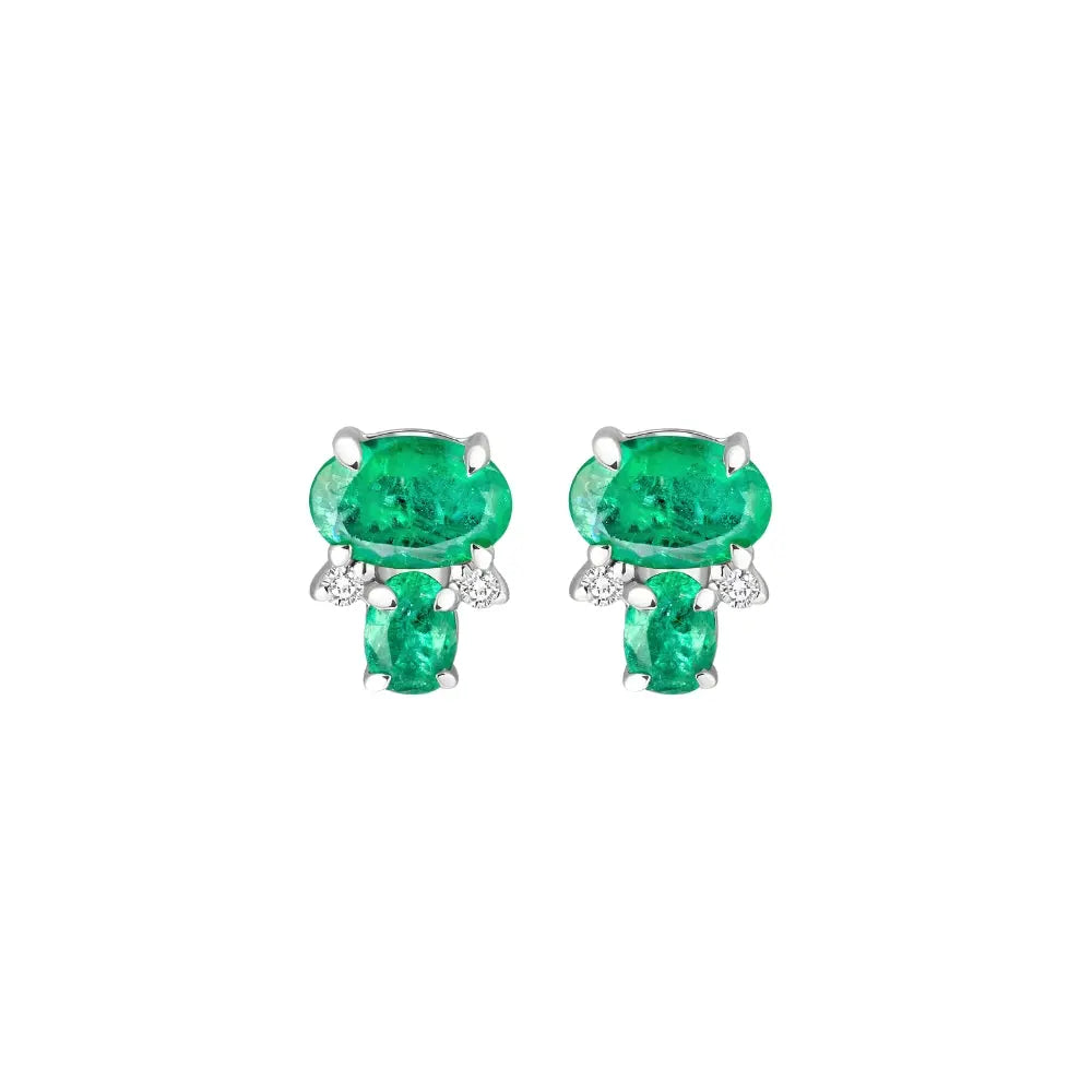Oval and cushion emerald and diamond stud earrings in 18K white gold by JJ Jewelry
