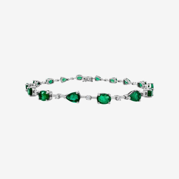 Oval and Pear Emerald and Diamond Bracelet in White Gold | JJ Jewelry