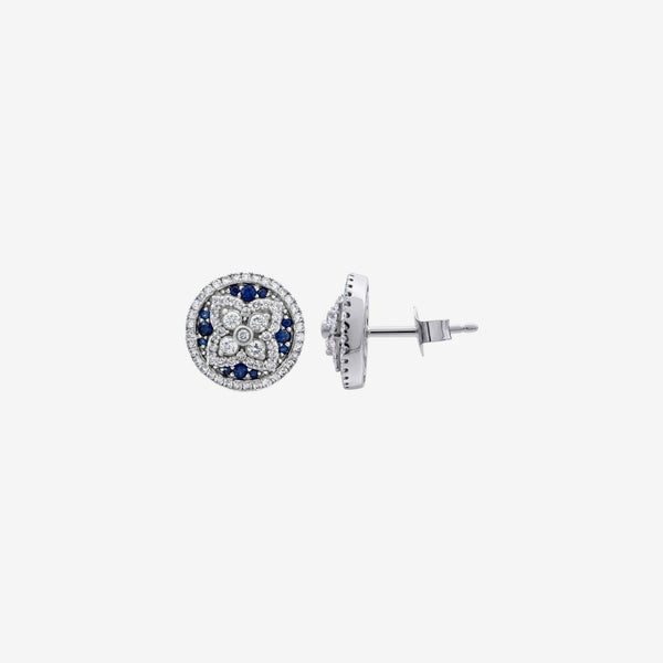 Pavé Blue Sapphire and Diamond Floral Stud Earrings in 14K White Gold, gray background | JJ Jewelry Miami