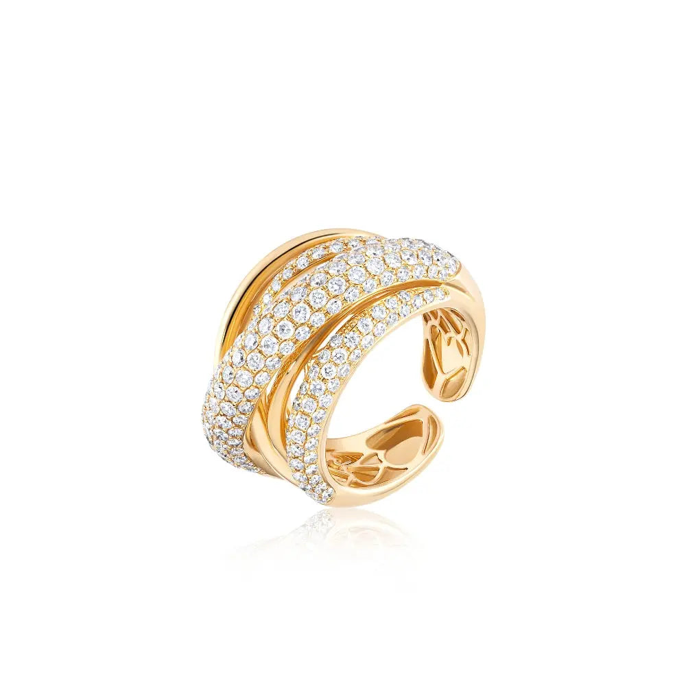 Pavé Diamond Crossover Ring in 18K Yellow Gold | JJ Jewelry Miami