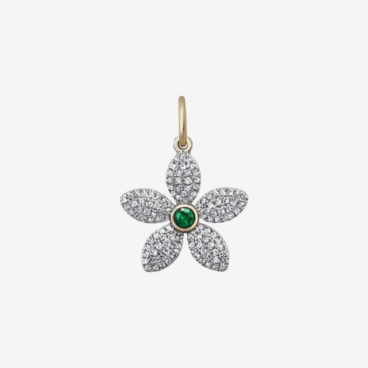 Pavé Diamond Flower Pendant with Gemstone Center in 14K White Gold, Emerald, gray background | JJ Jewelry Miami