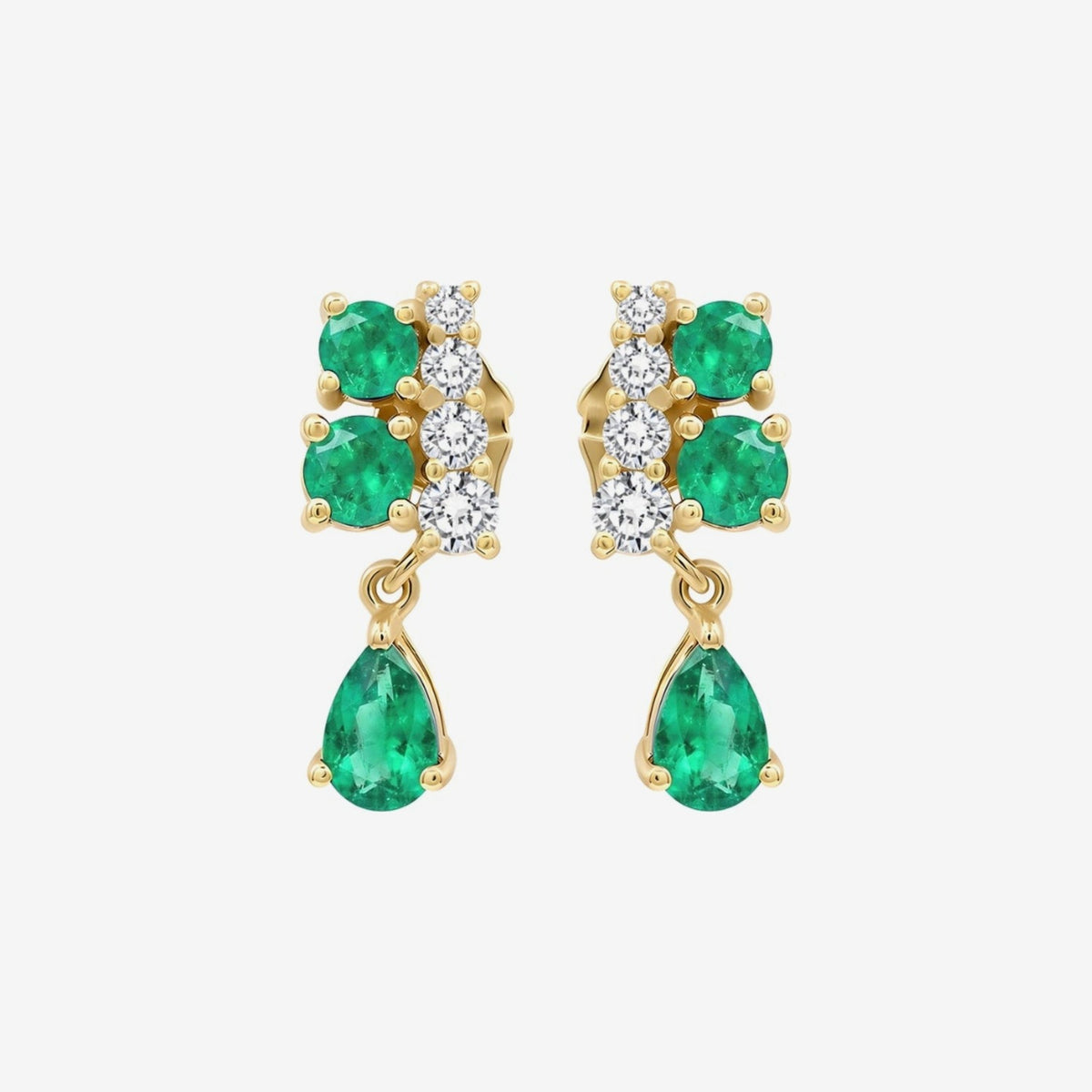 Pear-Cut Gemstone Drop Earrings in 14K Yellow Gold with Emerald, gray background | JJ Jewelry Miami