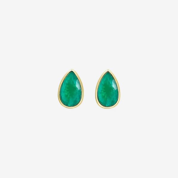 Pear Emerald Bezel Stud Earrings in 18K Yellow Gold, gray background | JJ Jewelry Miami