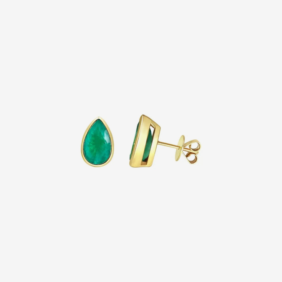 Pear Emerald Bezel Stud Earrings in 18K Yellow Gold, view 2, gray background | JJ Jewelry Miami