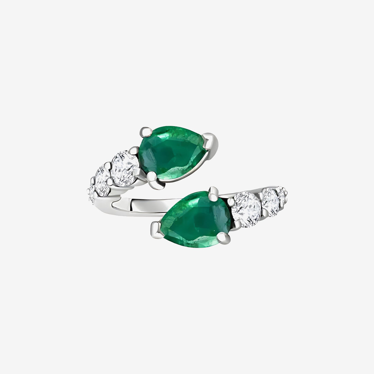 Pear Emerald and Diamond Bypass Ring in 18K White Gold | JJ Jewelry