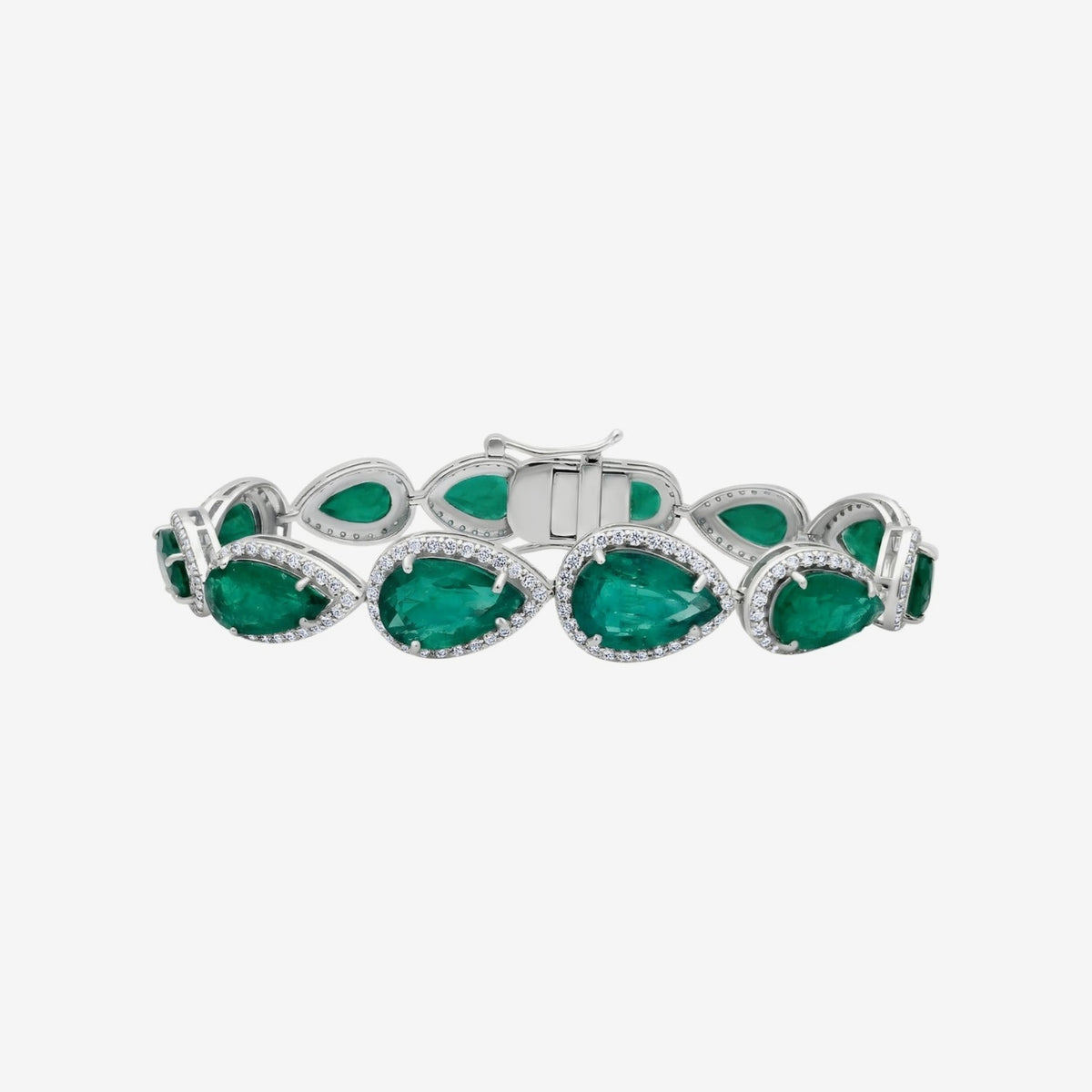 Pear Emerald and Diamond Halo Bracelet in White Gold | JJ Jewelry