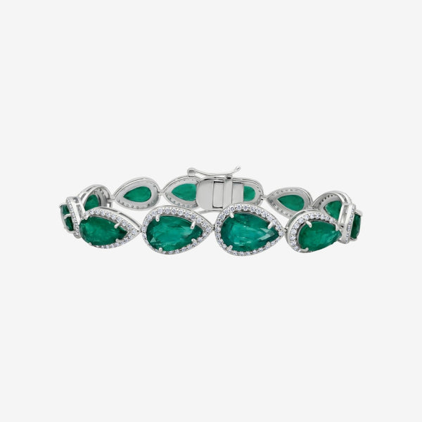 Pear Emerald and Diamond Halo Bracelet in White Gold | JJ Jewelry