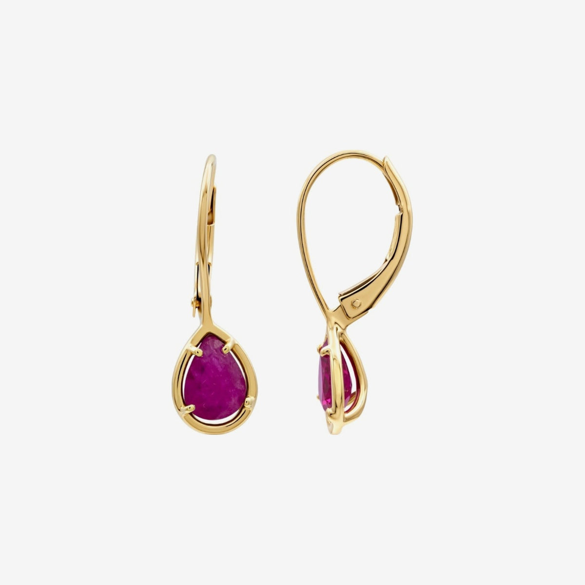 Pear Gemstone Leverback Earrings in 14K Yellow Gold with Ruby, gray background | JJ Jewelry Miami