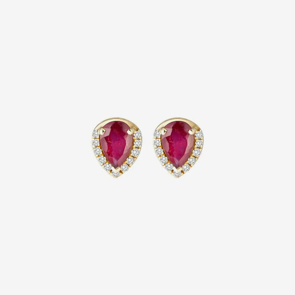 Pear Ruby and Diamond Halo Stud Earrings in 18K Yellow Gold, gray background | JJ Jewelry Miami
