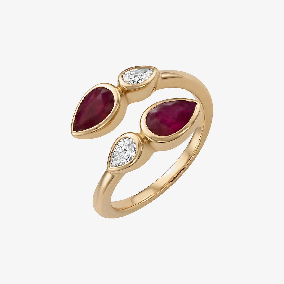 Pear Ruby and Diamond Open Ring in 14K Yellow Gold | JJ Jewelry