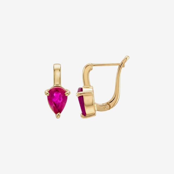 Pear-Shaped Gemstone Drop Earrings in 18K Yellow Gold with Ruby, gray background | JJ Jewelry Miami