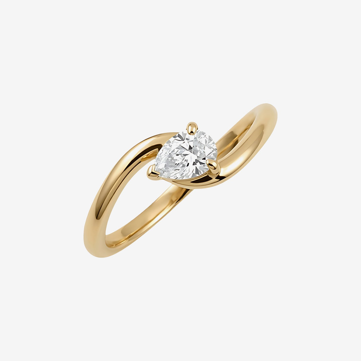 Pear Wave Diamond Solitaire Ring in 18K Yellow Gold | JJ Jewelry