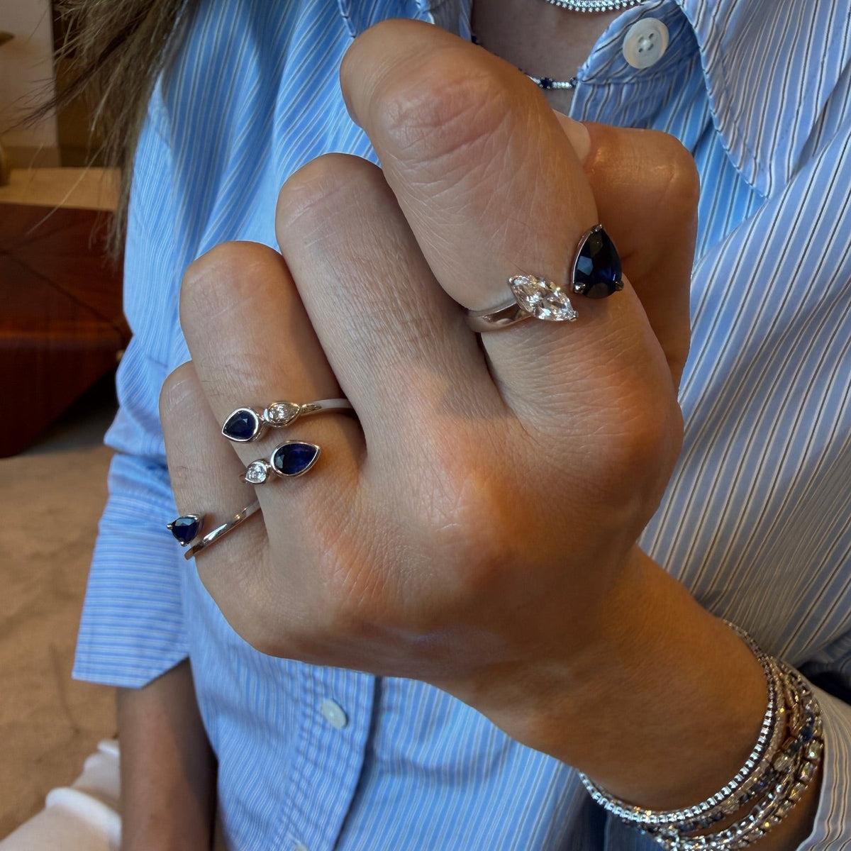 Pear Blue Sapphire & Diamond Open Ring in 14K White Gold