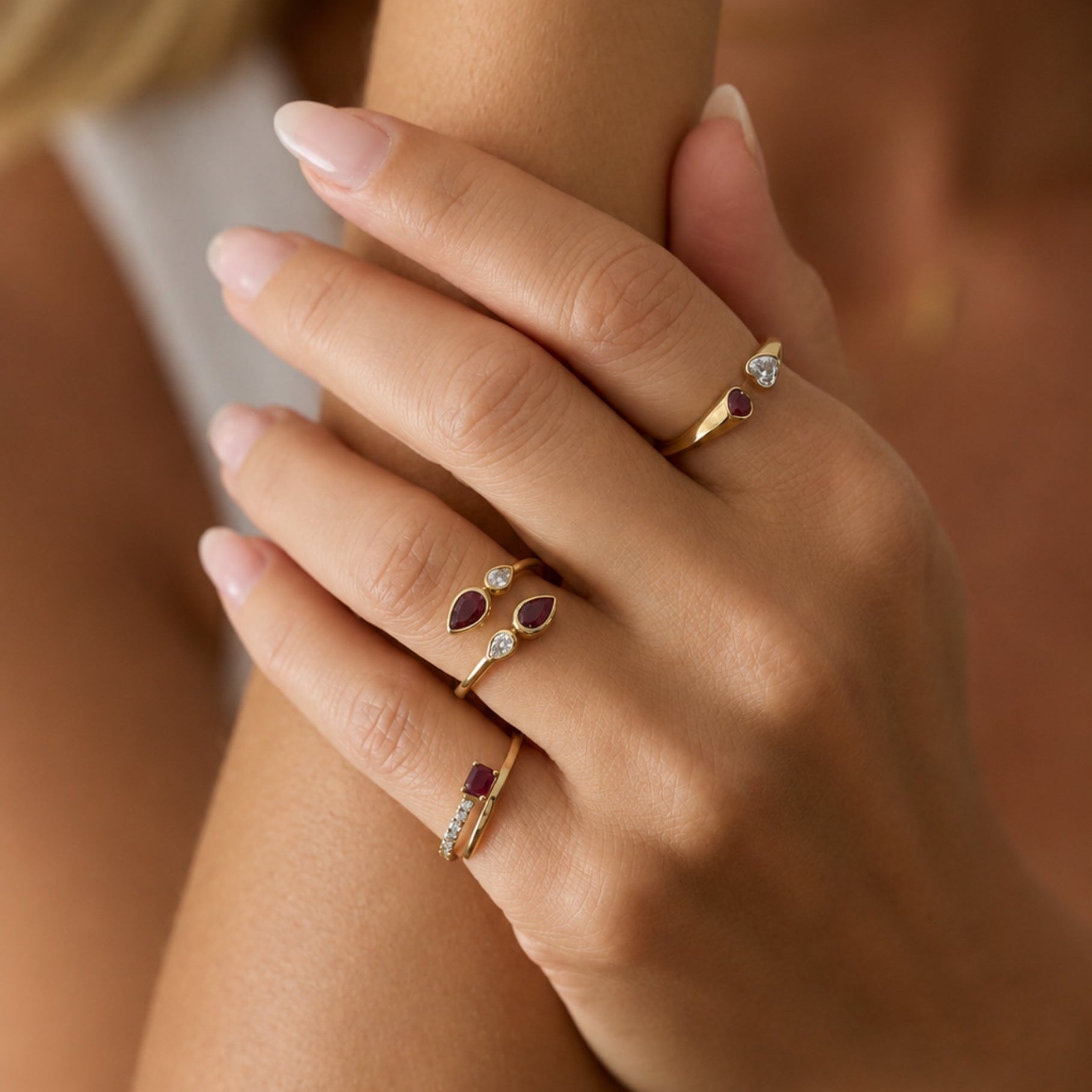 Pear Ruby and Diamond Open Ring in 14K Yellow Gold