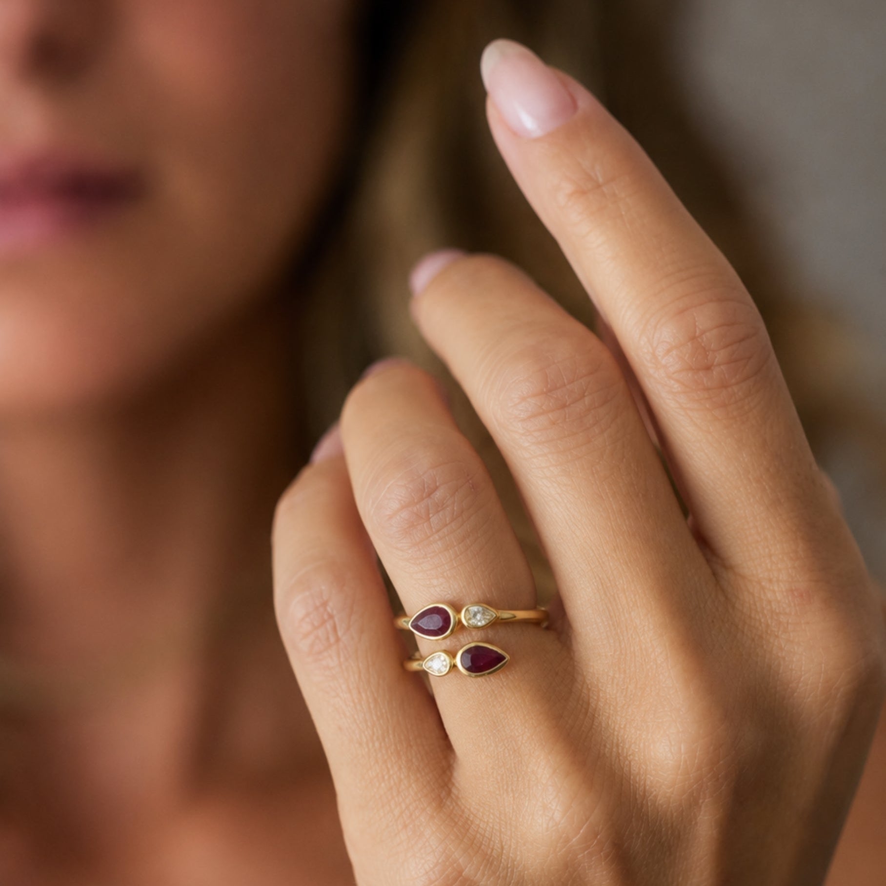 Pear Ruby and Diamond Open Ring in 14K Yellow Gold