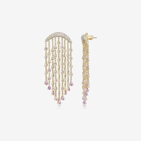 Pink Sapphire and Diamond Chandelier Earrings in 18K Yellow Gold, gray background | JJ Jewelry Miami