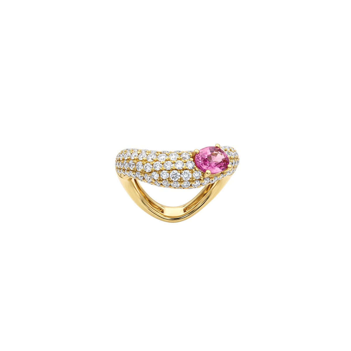 Pink Sapphire & Pavé Diamond Wave Ring in 18K Yellow Gold