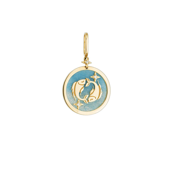 Pisces Zodiac Pendant with Blue Quartz & Diamonds in 18K Yellow Gold | JJ Jewelry Miami