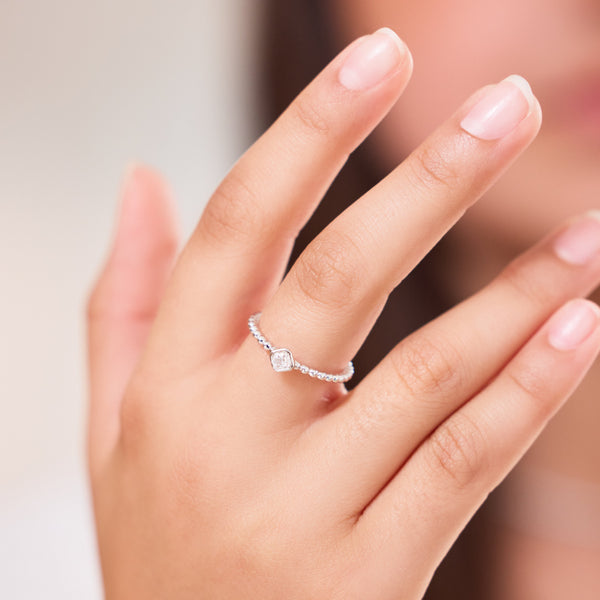 Princess-Cut Diamond Bead Band Ring in 14K White Gold