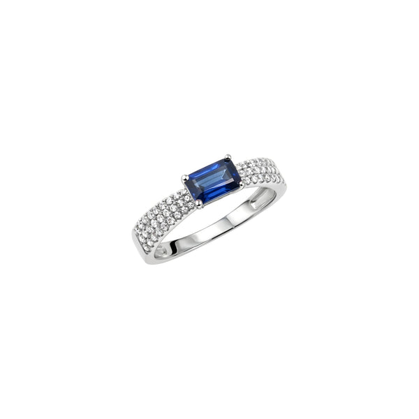 Rectangular Blue Sapphire Pavé Diamond Stackable Ring in 18K Gold
