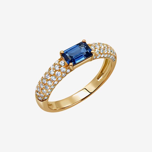 Rectangular Blue Sapphire and Pavé Diamond Ring in 18K Yellow Gold | JJ Jewelry