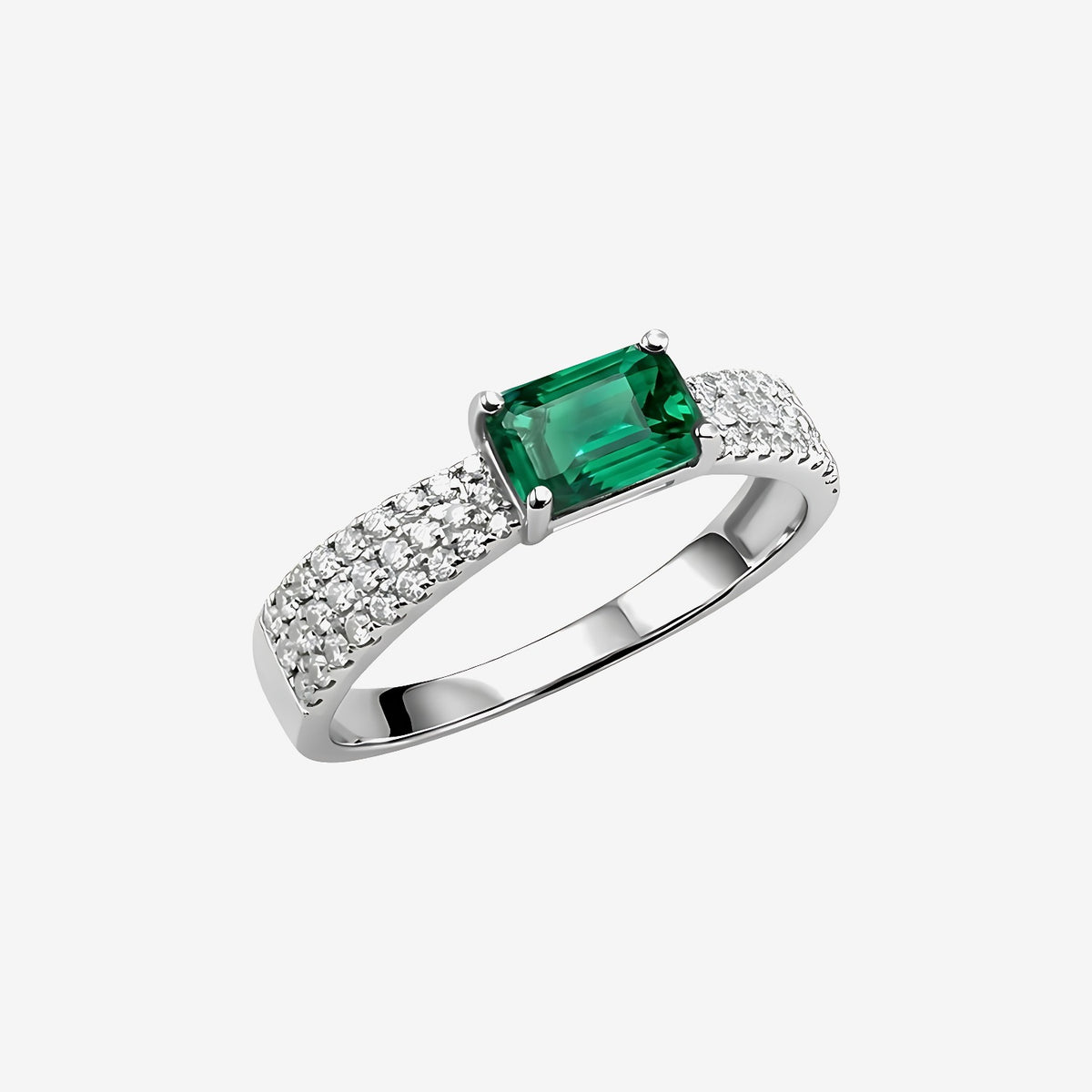Rectangular Emerald Flat-Set Diamond Ring in 18K White Gold | JJ Jewelry