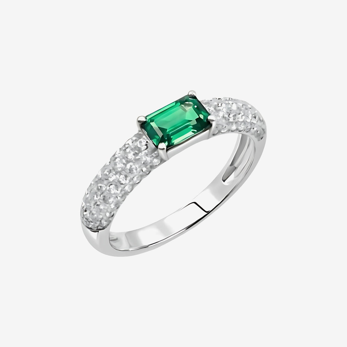 Rectangular Emerald Pavé Diamond Stackable Ring in 18K White Gold | JJ Jewelry