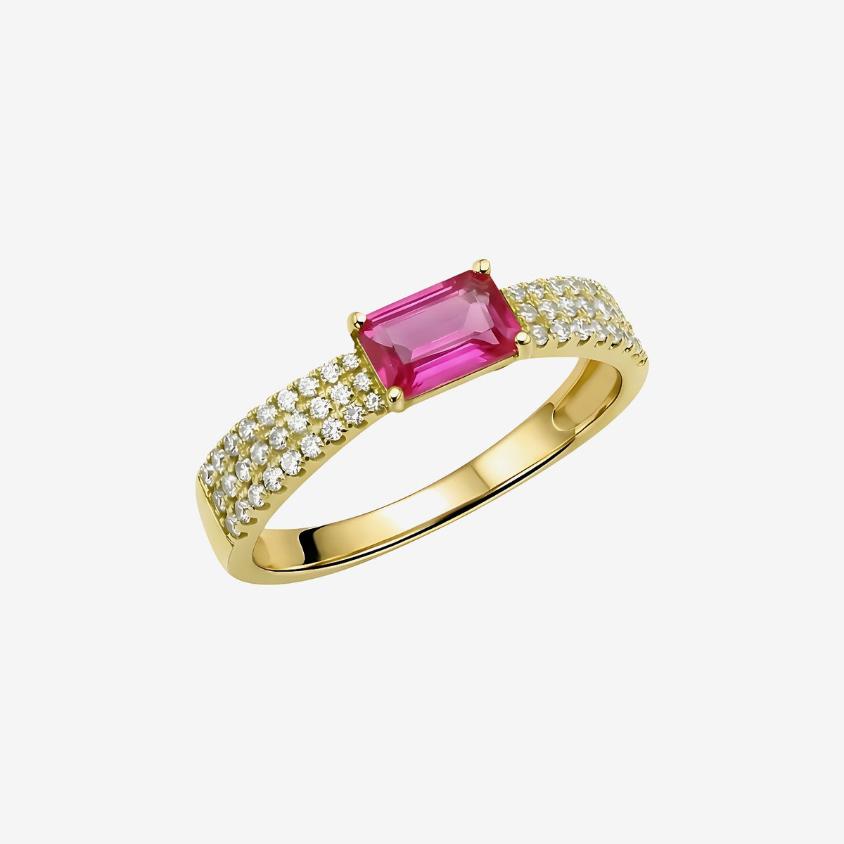 Rectangular Ruby Pavé Diamond Cocktail Ring in 18K Yellow Gold | JJ Jewelry