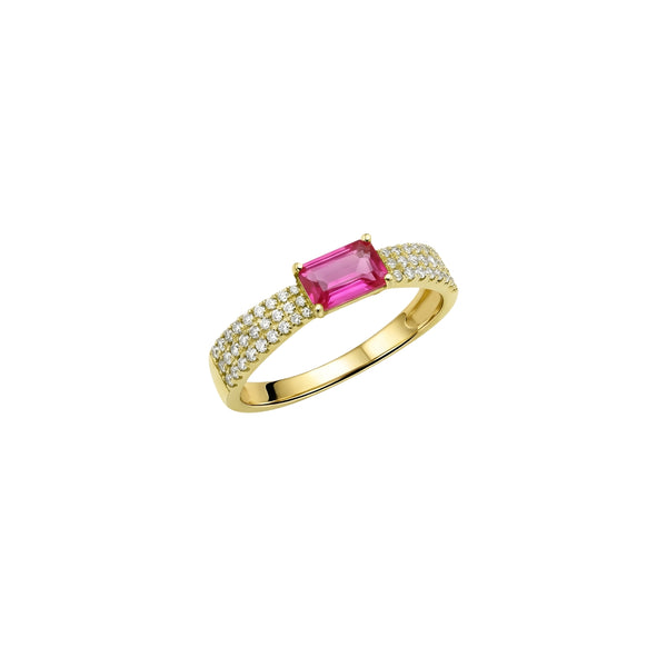 Rectangular Ruby Pavé Diamond Cocktail Ring in 18K Gold