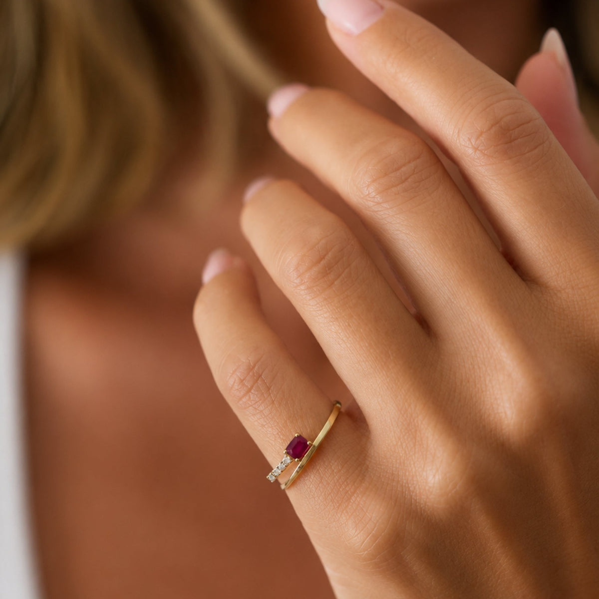 Rectangular Ruby and Diamond Crossover Ring, lifestyle view 1 | JJ Jewelry