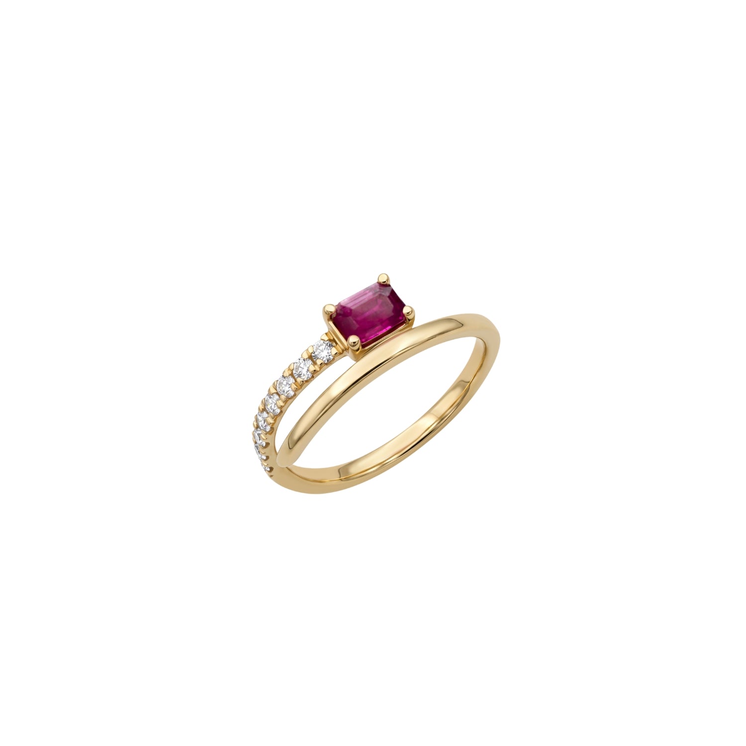 Rectangular Ruby and Diamond Crossover Ring in 14K Yellow Gold