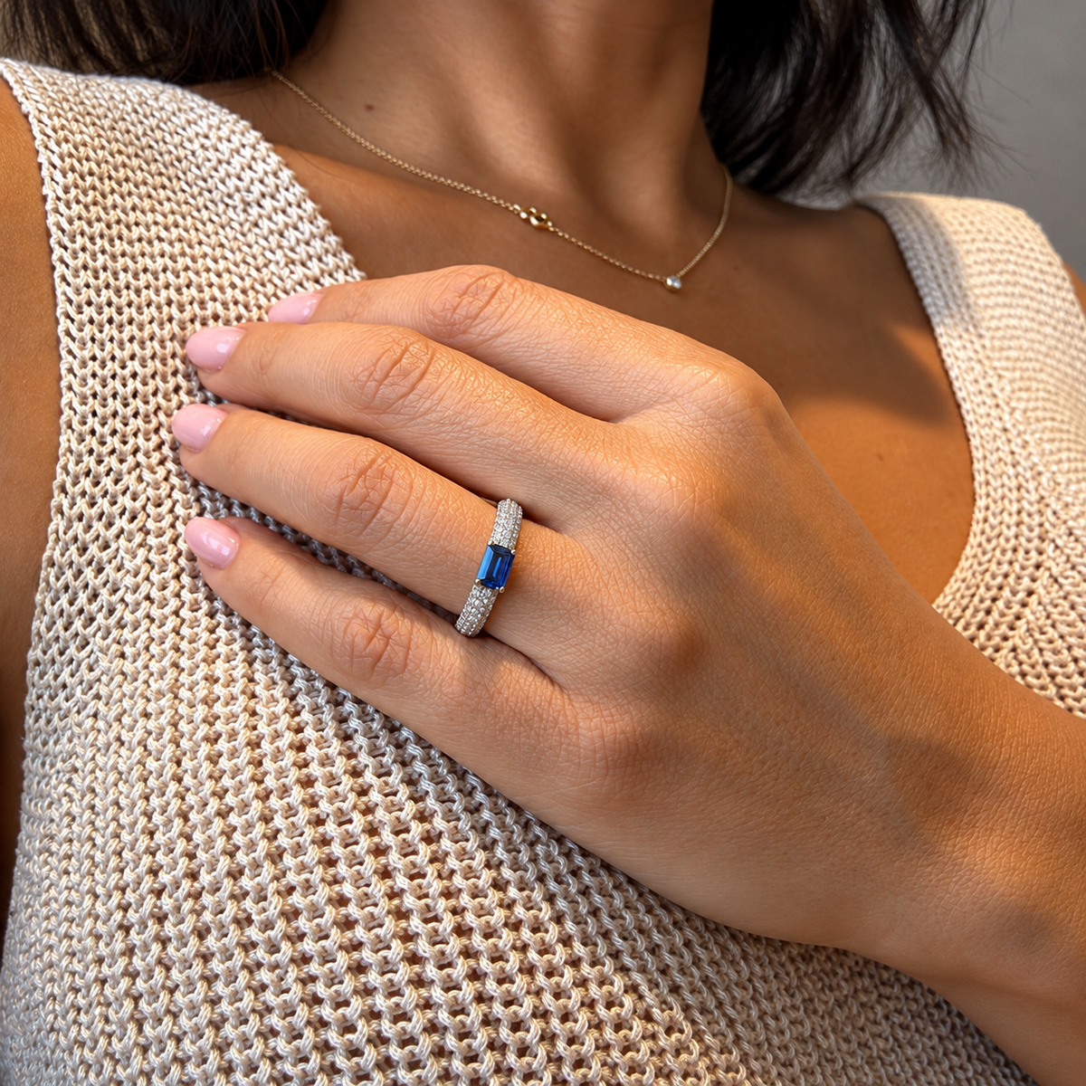 Rectangular Blue Sapphire and Pavé Diamond Ring