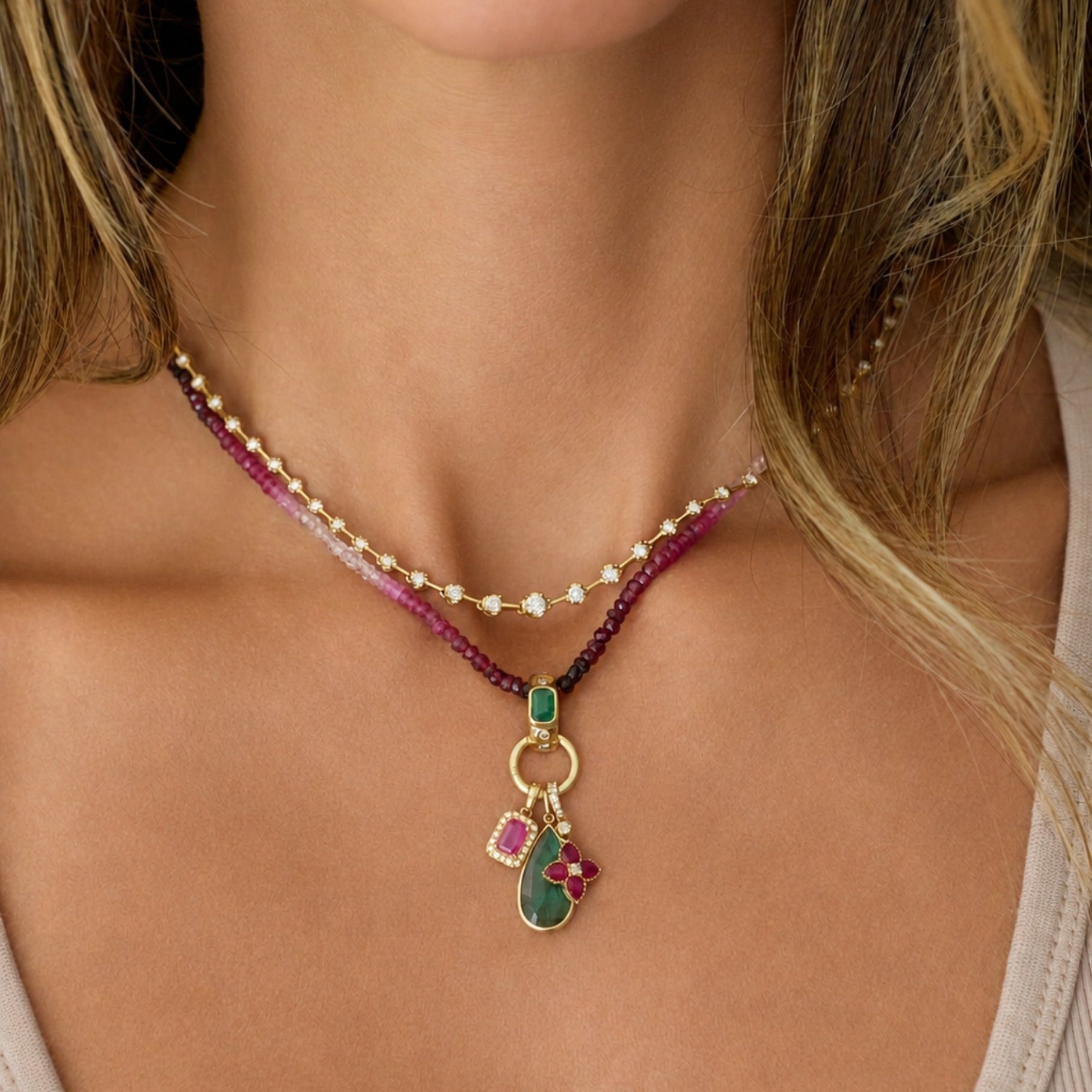 Mini Floral Gemstone and Diamond Pendant in Gold