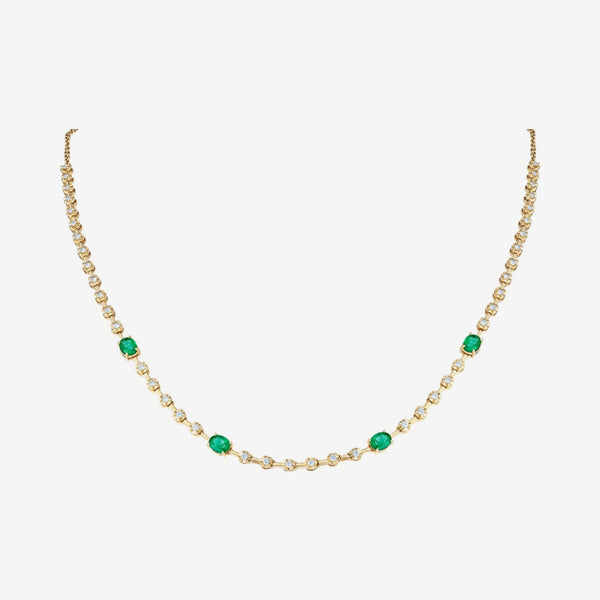 Renata Necklace with Emeralds and Diamonds in 18K Yellow Gold, gray background | JJ Jewelry Miami