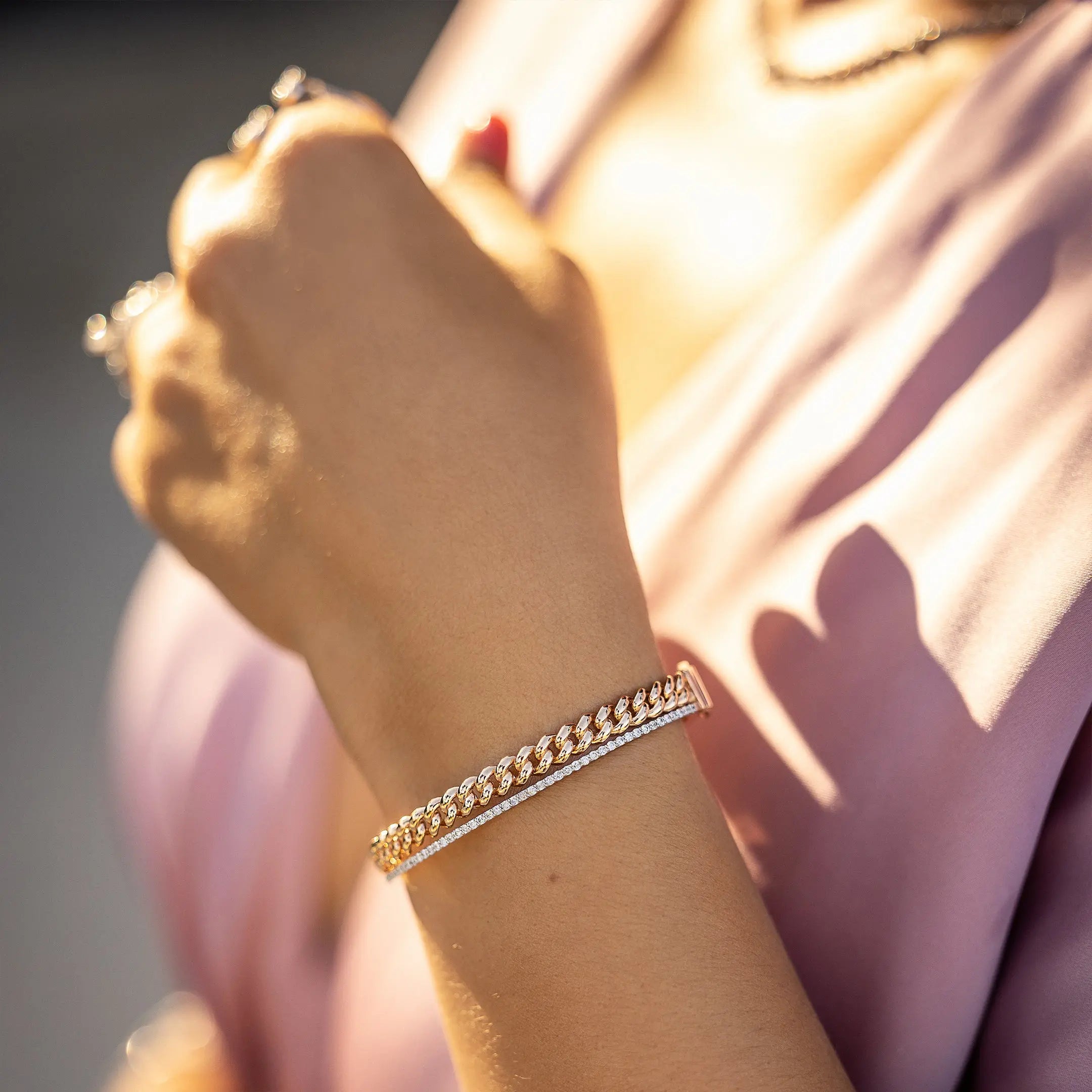 Rose and White Gold Chain Bangle with Diamonds-Princess Jewelry Shop