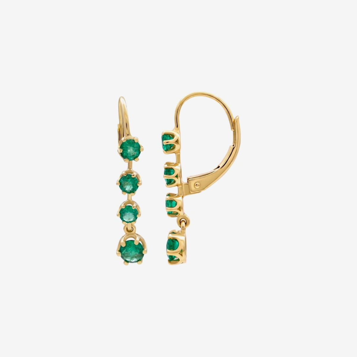 Round Gemstone Leverback Drop Earrings in 14K Yellow Gold with Emerald, gray background | JJ Jewelry Miami