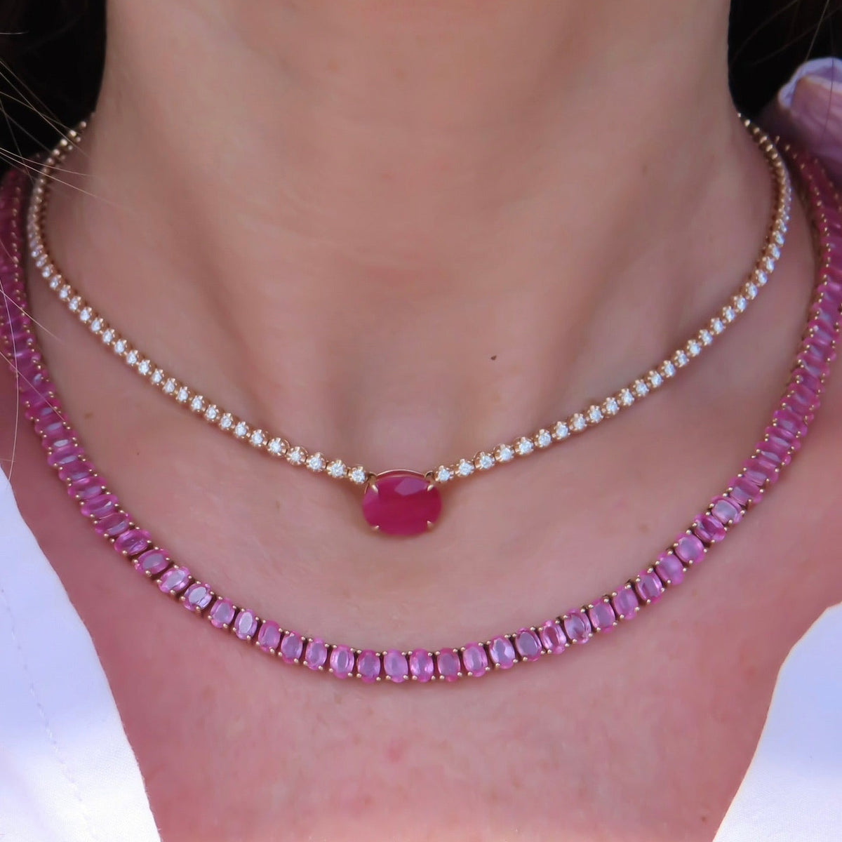 Rubellite and Diamond Tennis Necklace in 18K Rose Gold, view 1 | JJ Jewelry Miami
