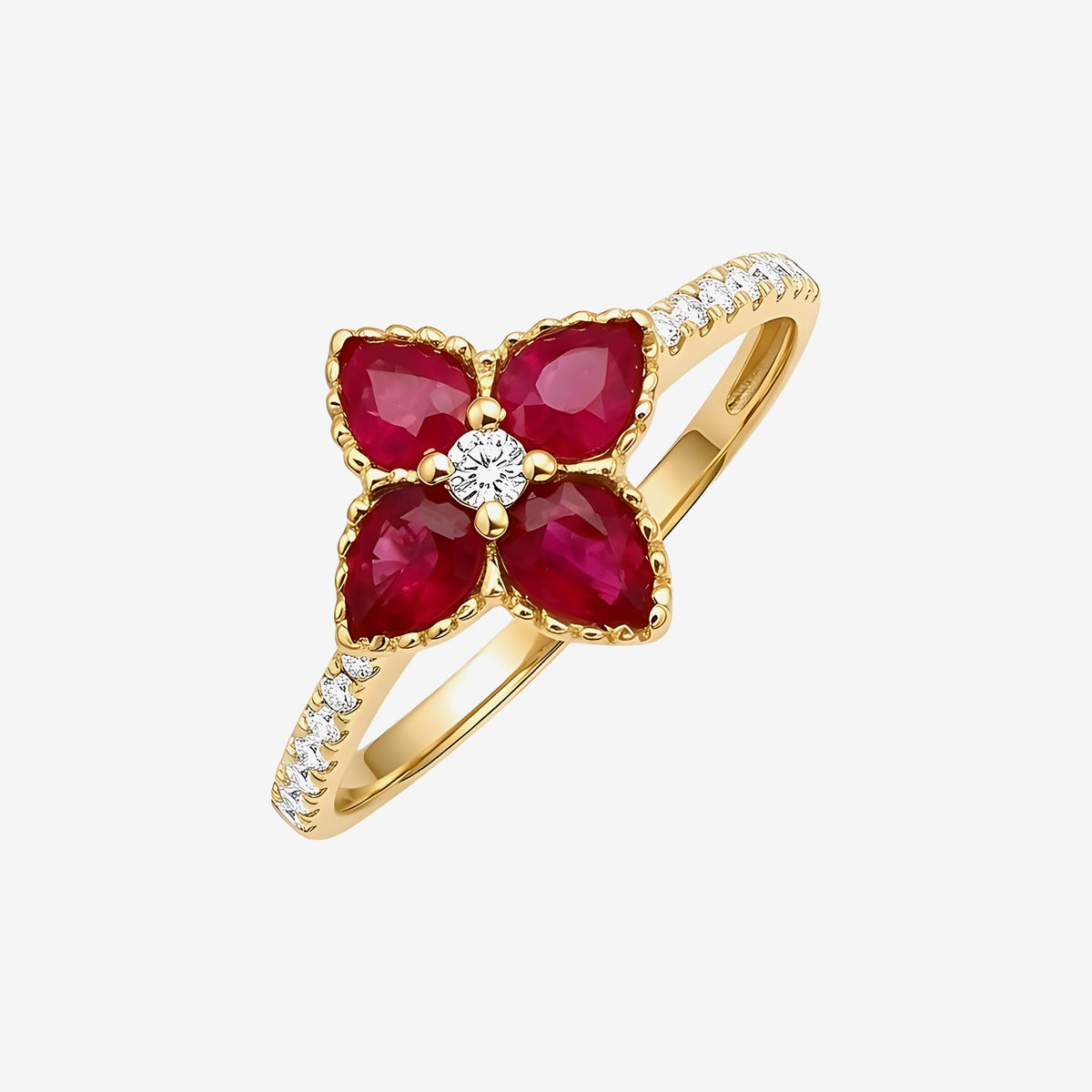 Ruby Flower Pavé Diamond Ring in 18K Yellow Gold | JJ Jewelry
