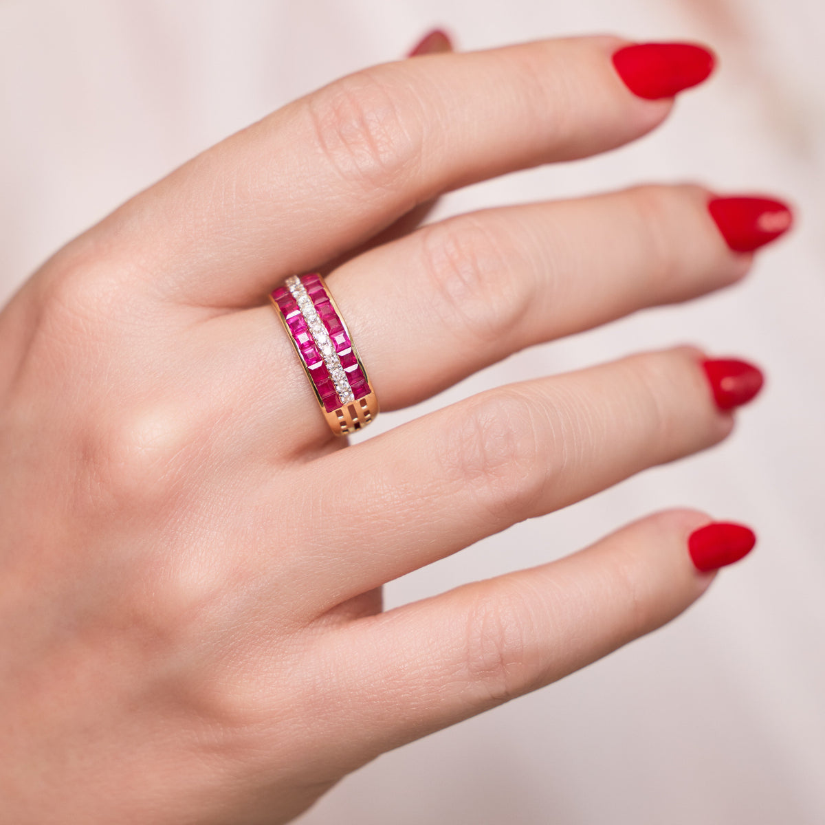 Ruby and Diamond Curved Band Ring, lifestyle view 1 | JJ Jewelry
