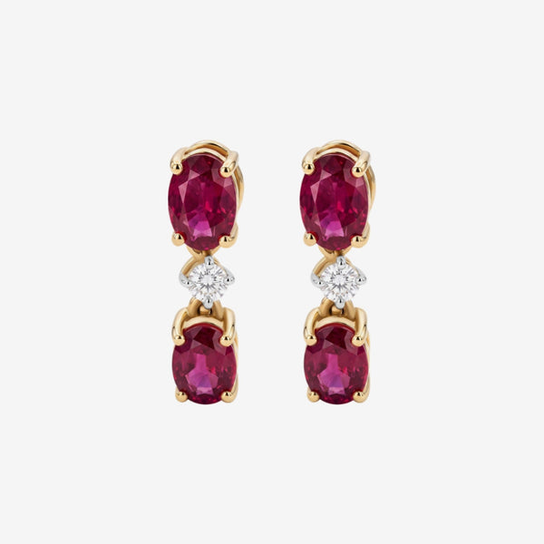 Ruby and Diamond Dancing Earrings in 14K Yellow Gold, gray background | JJ Jewelry Miami