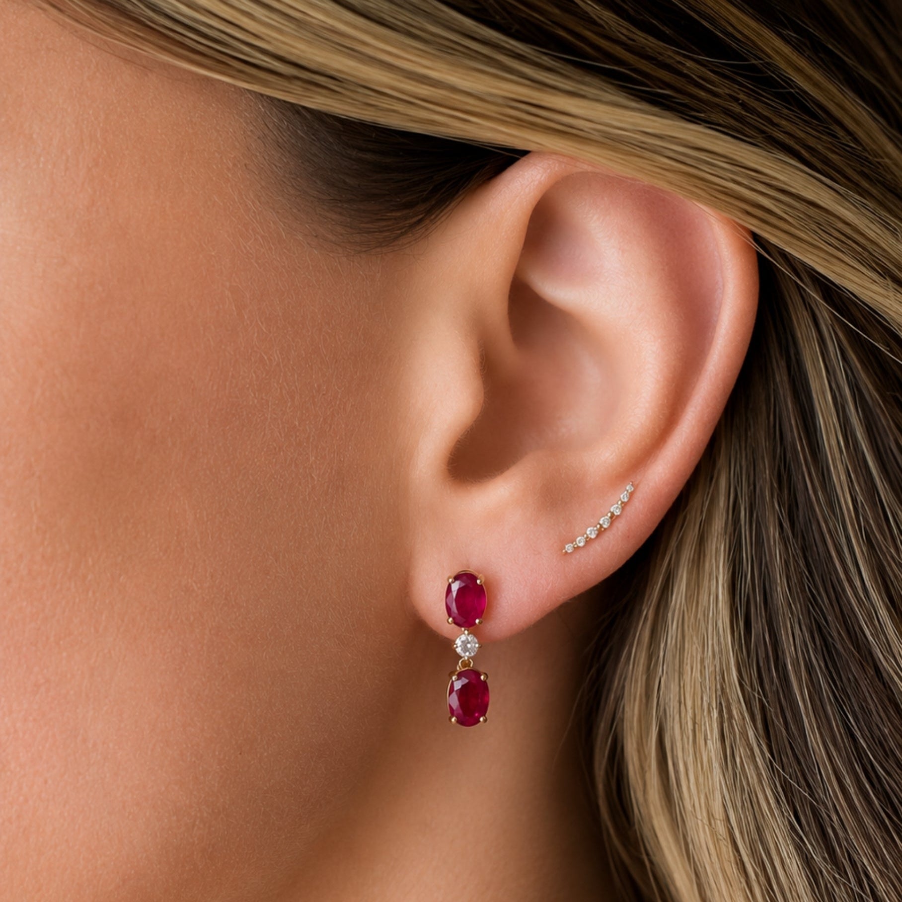 Ruby and Diamond Dancing Earrings in 14K Yellow Gold