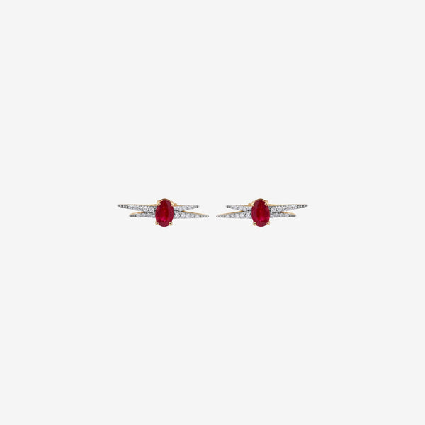 Ruby and Diamond Earrings in 14K Yellow Gold, gray background | JJ Jewelry Miami