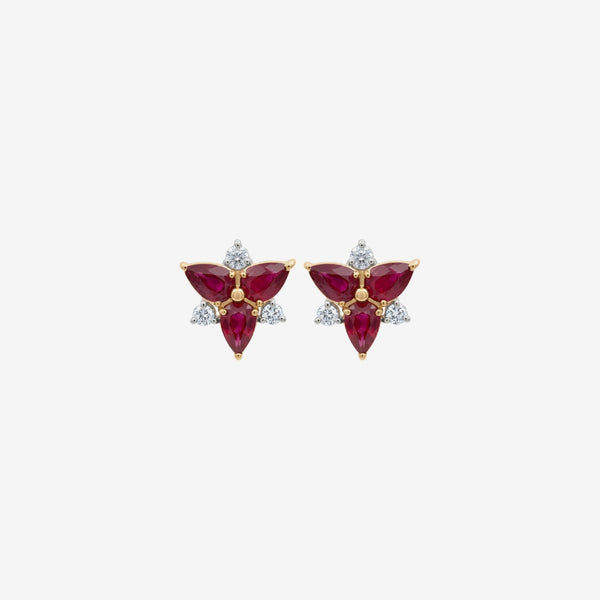 Ruby and Diamond Stud Earrings in 14K Yellow Gold, gray background | JJ Jewelry Miami