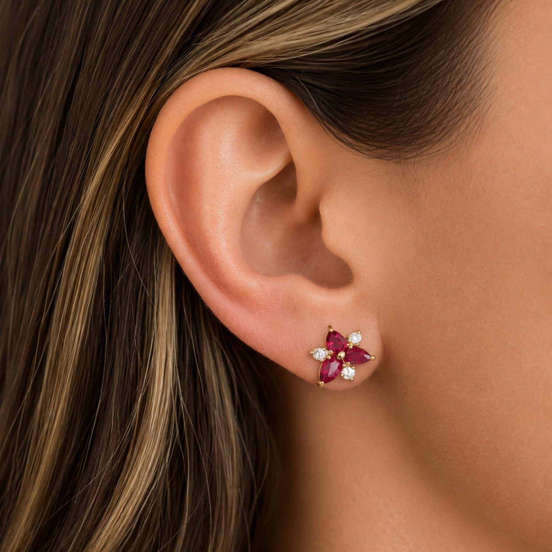 Ruby and Diamond Stud Earrings in 14K Yellow Gold
