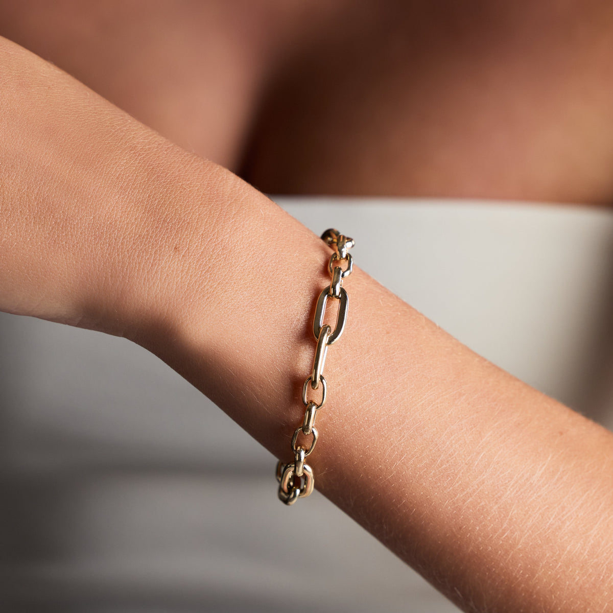 Sculpted Link Bracelet in Yellow Gold, lifestyle view 1 | JJ Jewelry