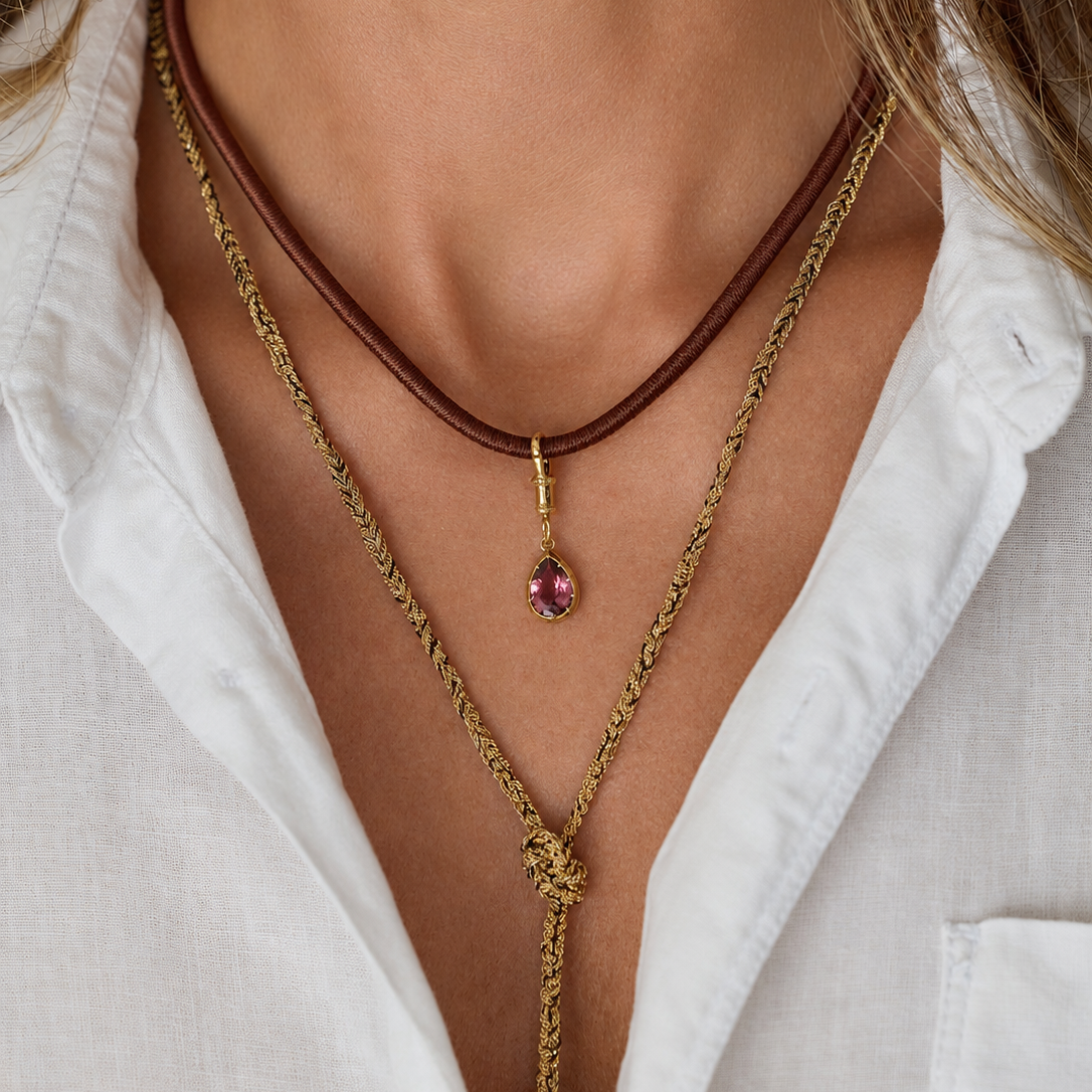 Silk Cord Necklace with Gold Clasp in 18K Yellow Gold